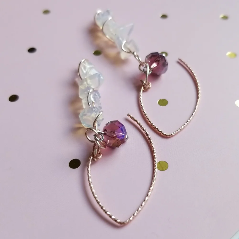 Handmade Earrings - Moonstone Chips & Dark Lilac Crystal Rondelle - EUC - Picture 4 of 7